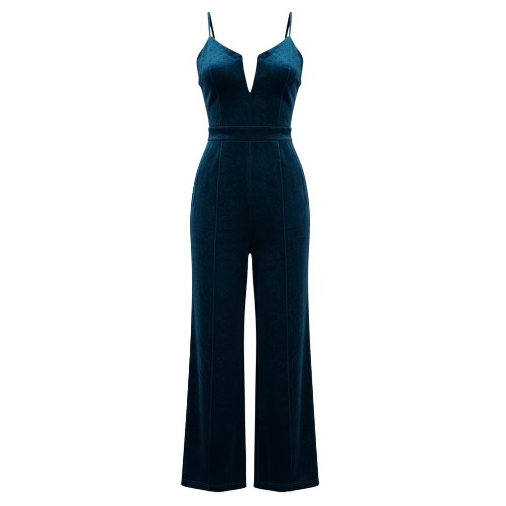 Women Teal Blue Velvet Wide Leg Jumpsuit V-Neck Spaghetti Strap Sleeveless Large